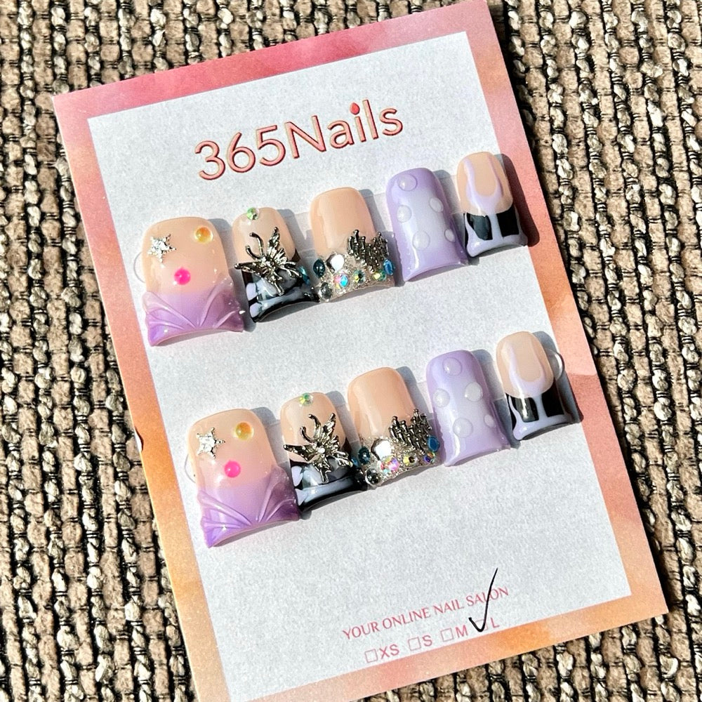 365nails: "Purple Black Butterfly Rhinestone Short" – Handmade Short Trapezoid Press-On Nails
