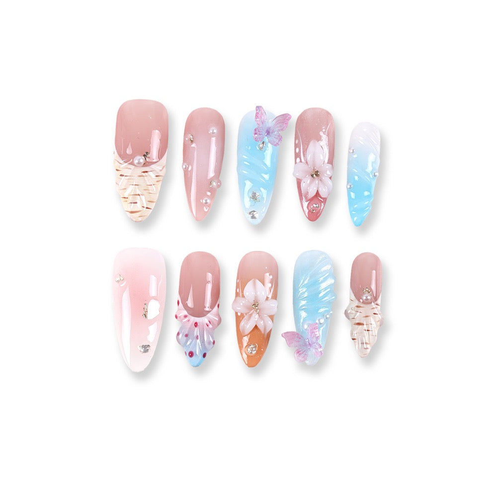 365Nails Sugary Pink-Blue Jelly Butterfly Blossom 3D Press-OnsSold in packs of 5. Minimum order: 1 pack (5 pcs). Quantity = number of packs. Qty 1 = 5 pcs