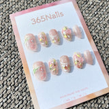 Sweet & Dopamine: "Spring Rose Garden" – Nude Pink Cat Eye Base, Impasto Floral Art, Gold Foil & 3D Rose Press-on Nails