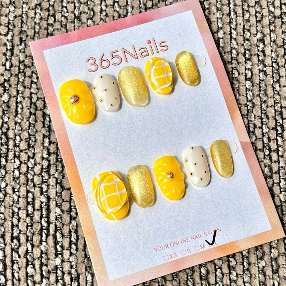 365nails: "Sunny Daisy Grid" – Unhas Postiças Curtas Ovais com Flores 3D Feitas à Mão