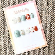 365nails: "비취와 앰버" – 3D 플라워 & 마블 수제 숏 스퀘어형 네일