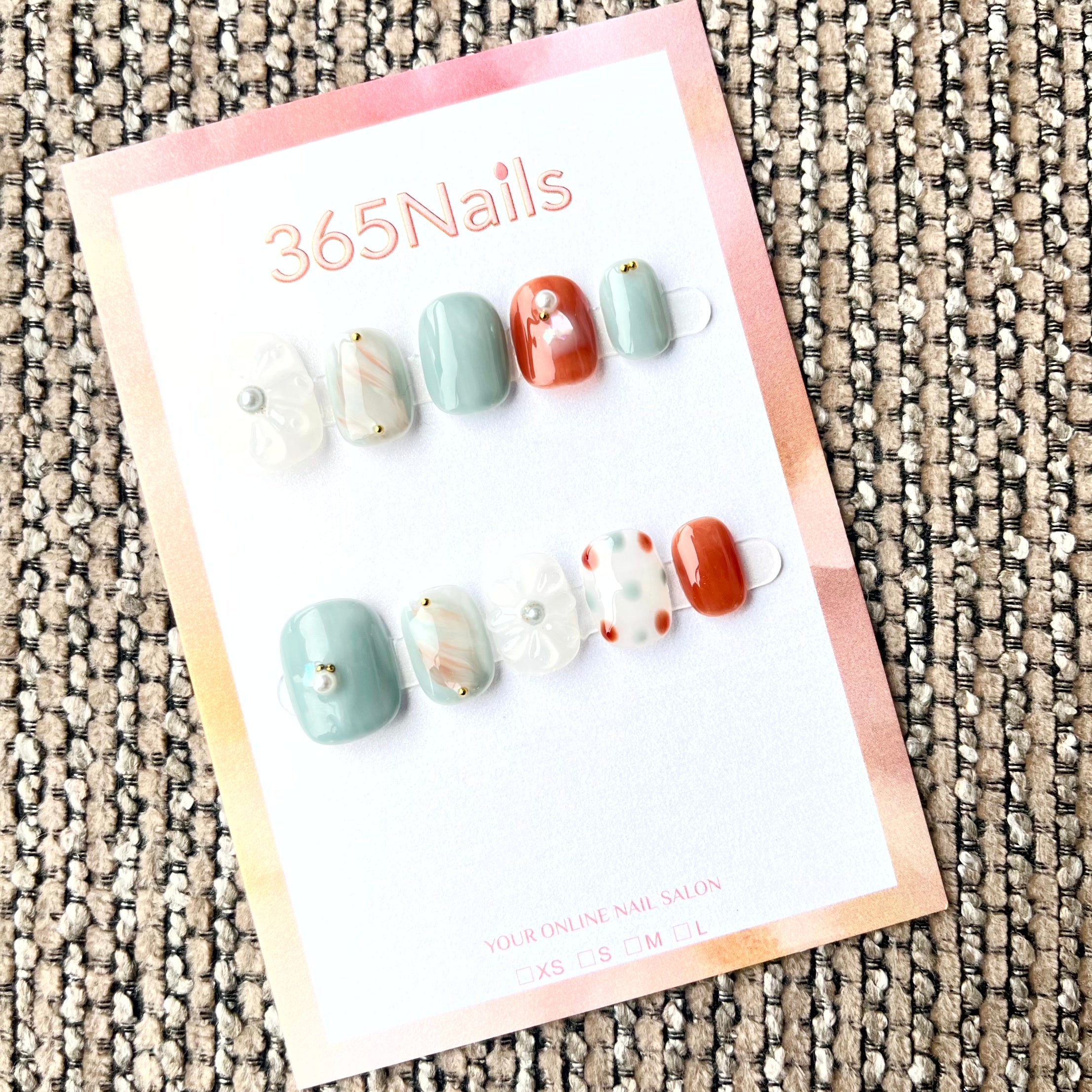 365nails: "비취와 앰버" – 3D 플라워 & 마블 수제 숏 스퀘어형 네일