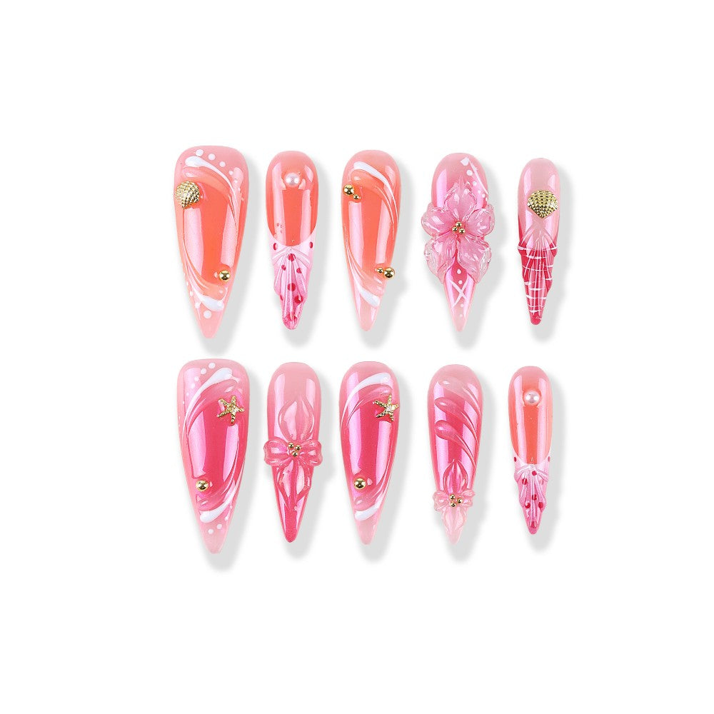 Sweet pink gradient 3D floral rhinestone long pointed hand-painted Press On Nail