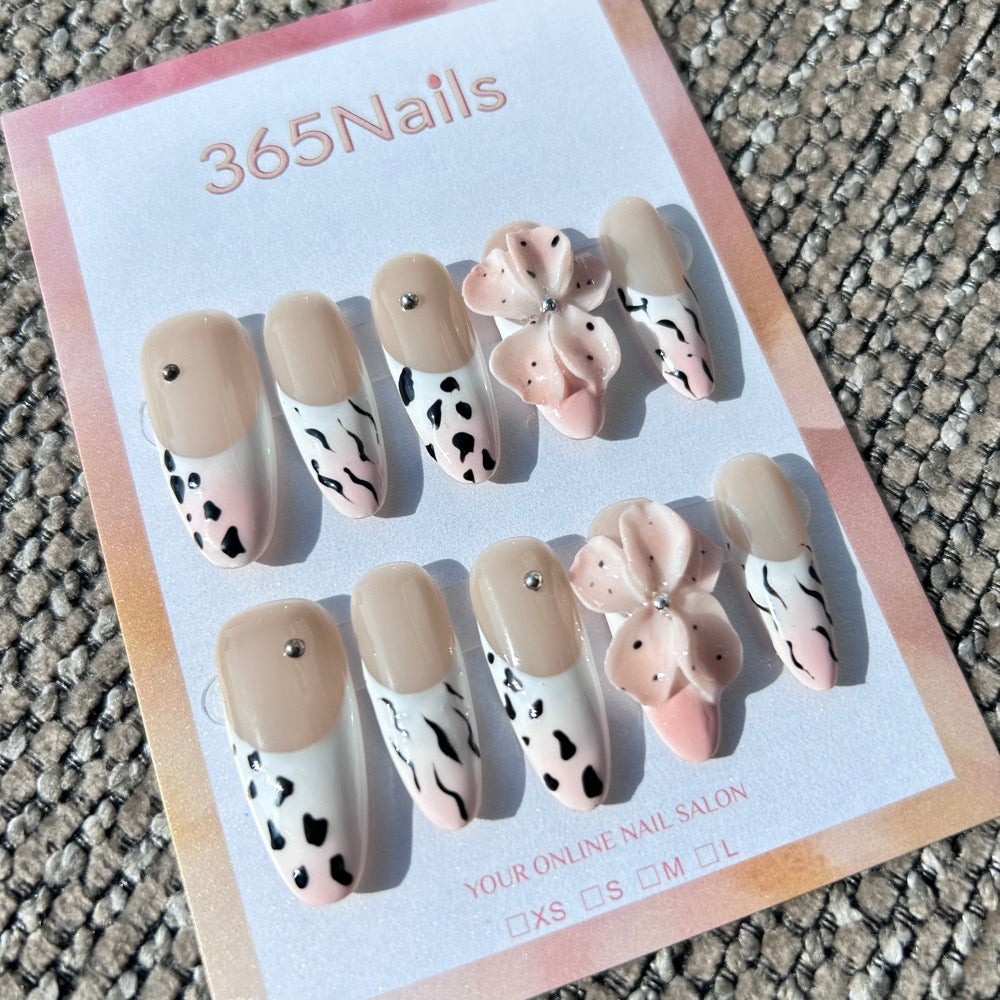 Sculpted Flora: "Wild Pink Milkshake" – 3D Polka Dot Flower on Mixed Animal Print & Nude French Nails