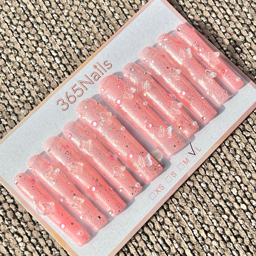 365nails: "Pink Glitter Butterfly" – Handmade Long Trapezoid Press-On Nails