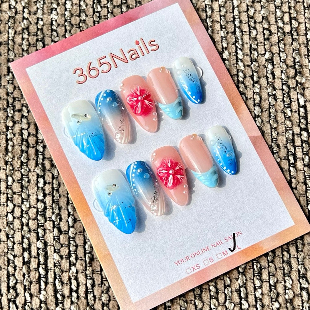 365nails: "Ocean Mermaid Tail Red Flower" – 3D Mermaid & Flower Handmade Medium Stiletto Press-On Nails