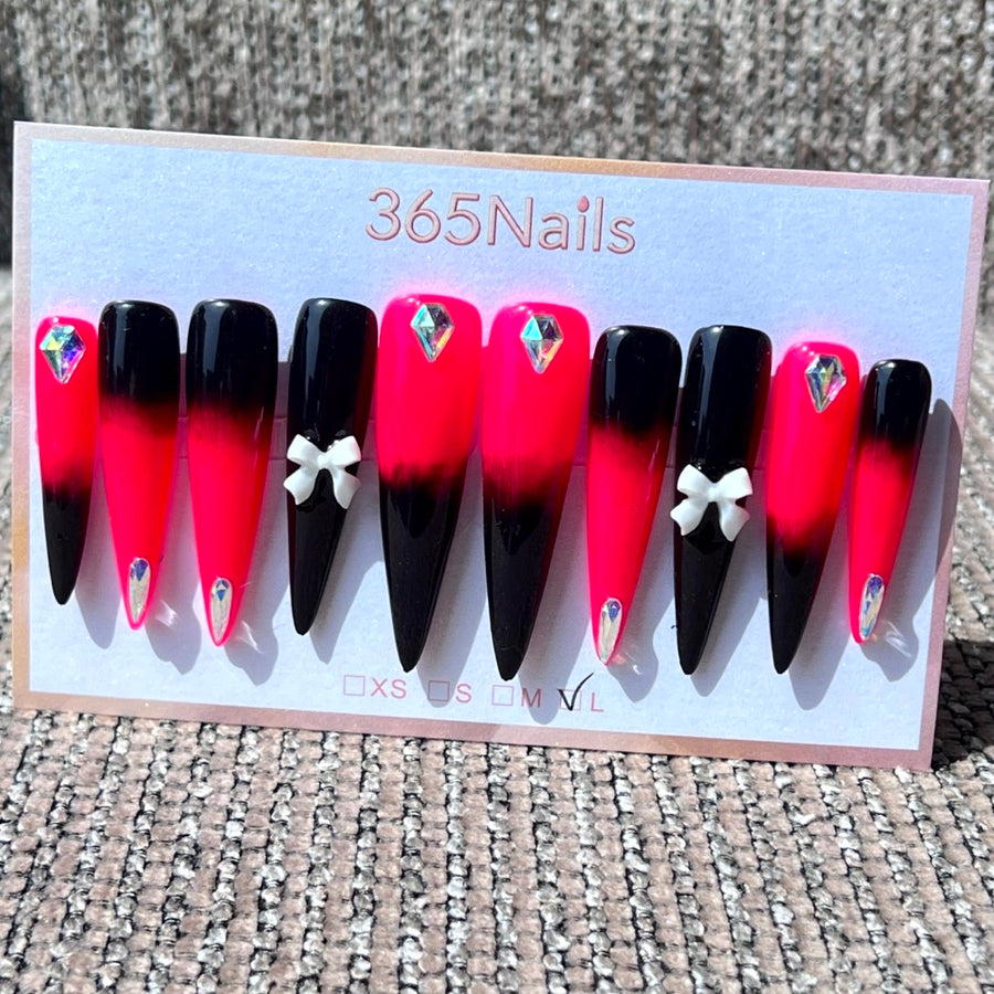 365nails: "Crimson Noir" – 3D Bow & Ombré Handmade Stiletto Nails