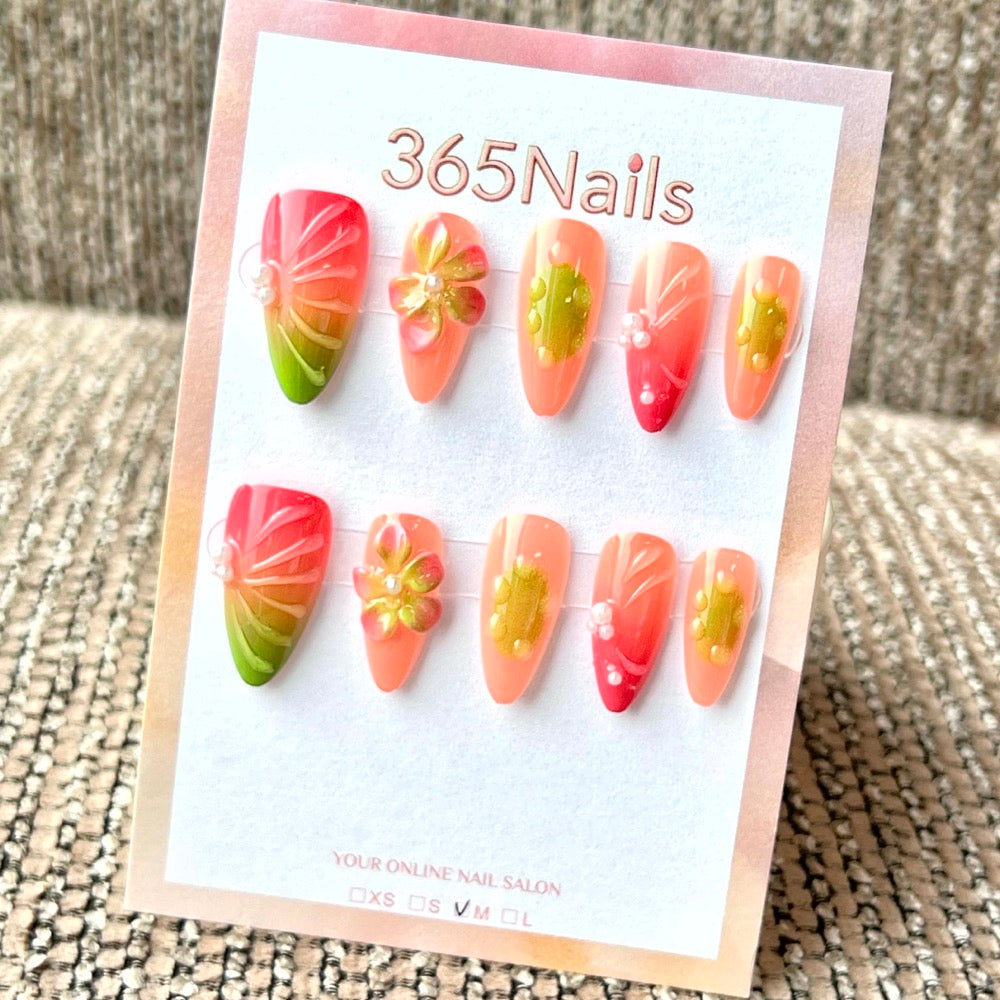 Dégradé floral coucher de soleil — ongles faits main ultra-doux à ajustement flexible — vente en gros (MOQ=100)