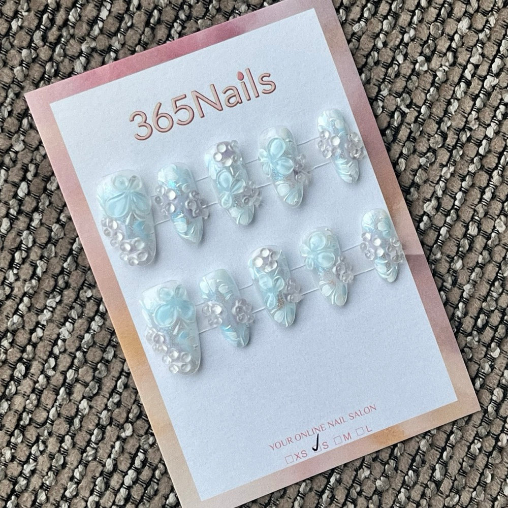 White and Blue 3D Floral Press-On Nails