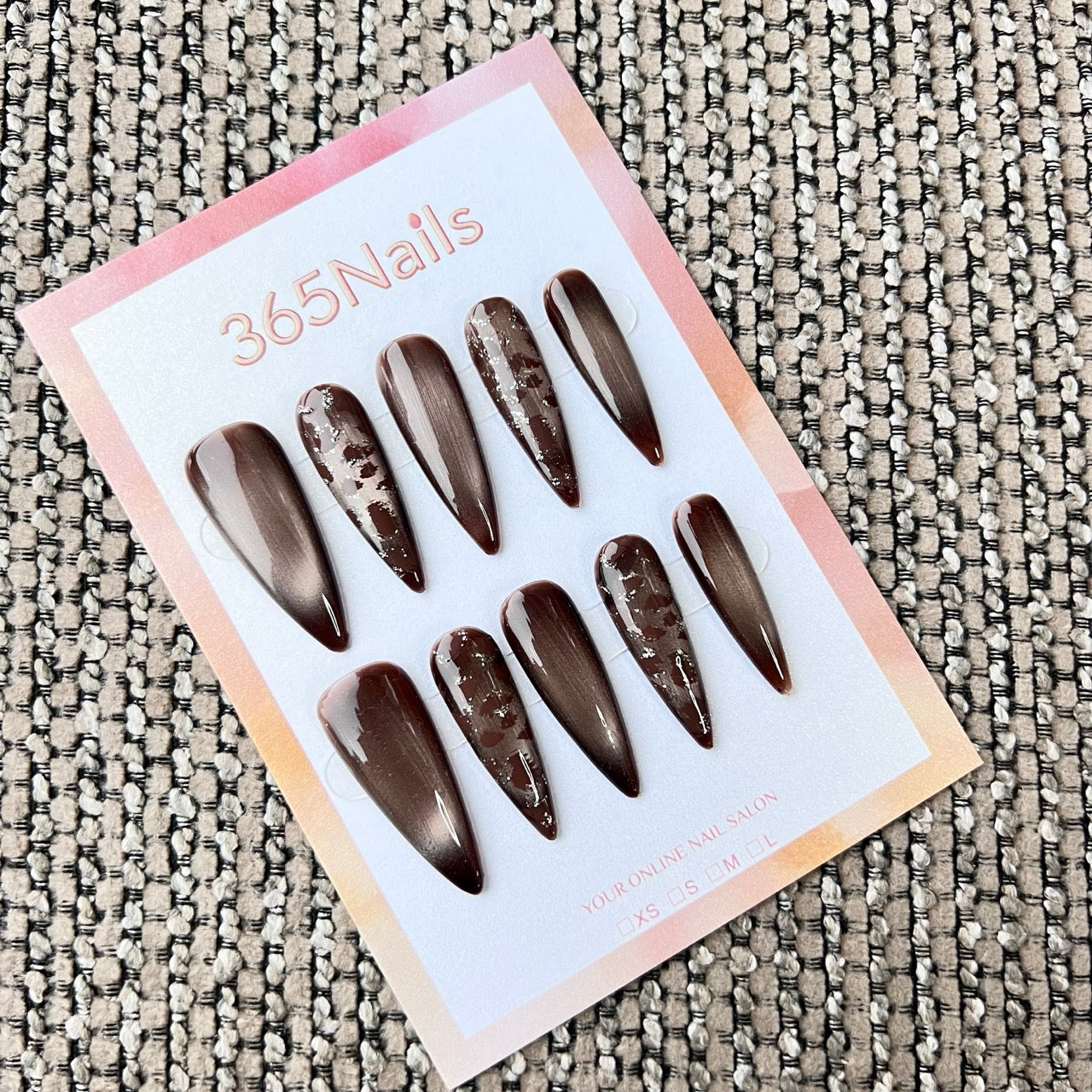 Cosmic Fatale: "Chocolate Shimmer Escape" – Long Sharp Stiletto Handmade Press On Nails