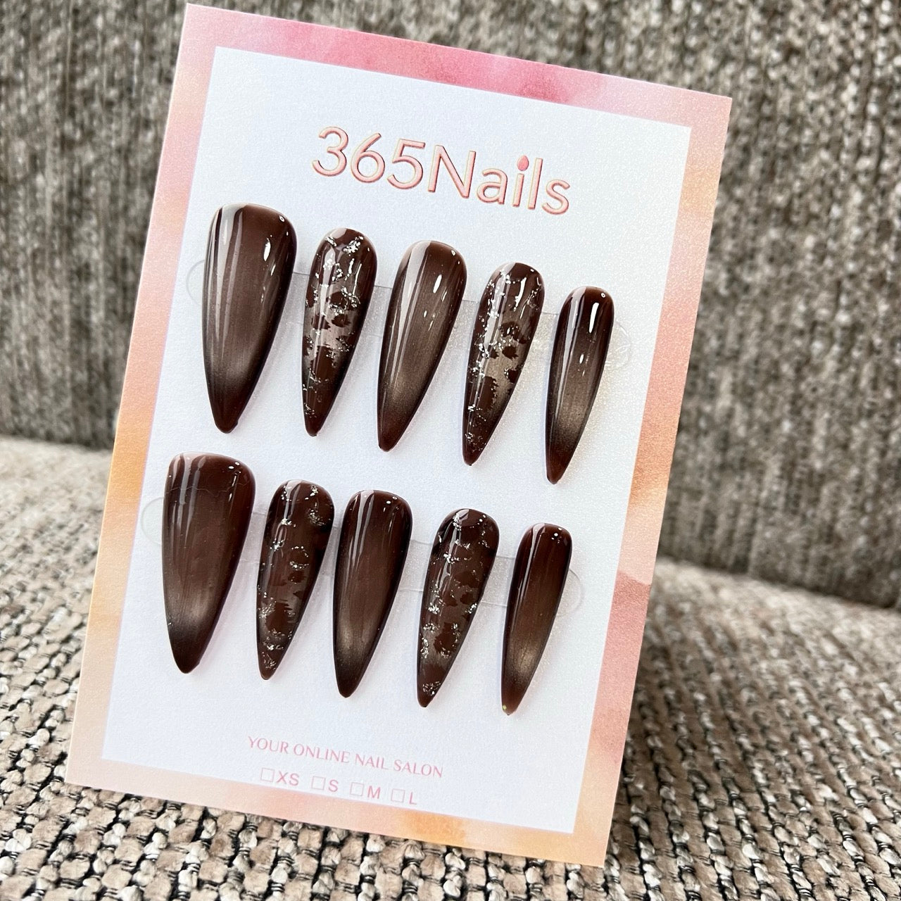 Cosmic Fatale: "Chocolate Shimmer Escape" – Long Sharp Stiletto Handmade Press On Nails