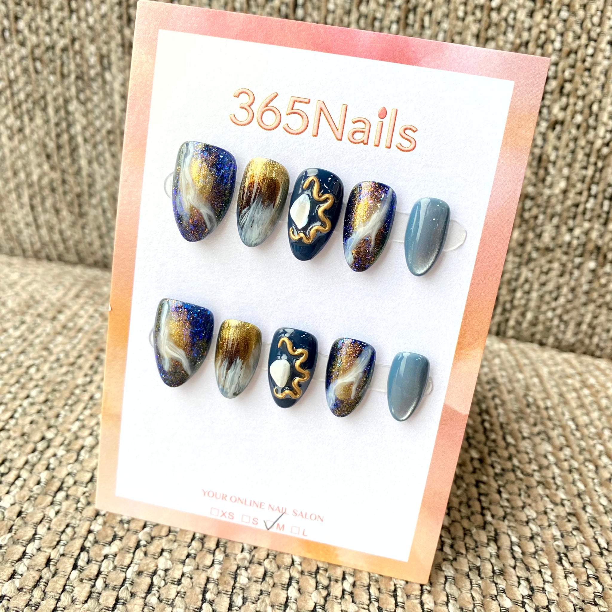 365nails: "Cosmic Nebula" – Galaxy Swirl & 3D Gold Shell Handmade Almond Nails