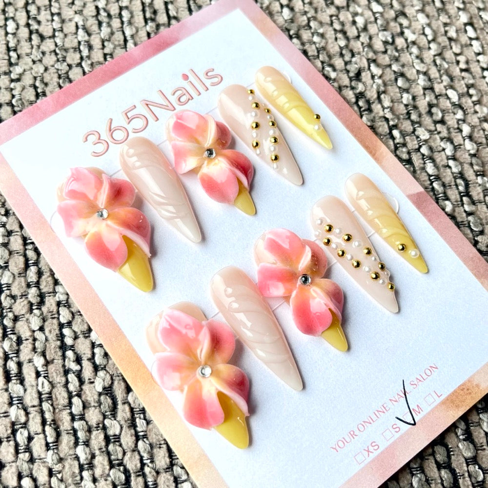 365nails: "열대 석양" – 수제 3D 꽃 장식 스틸레토형 네일