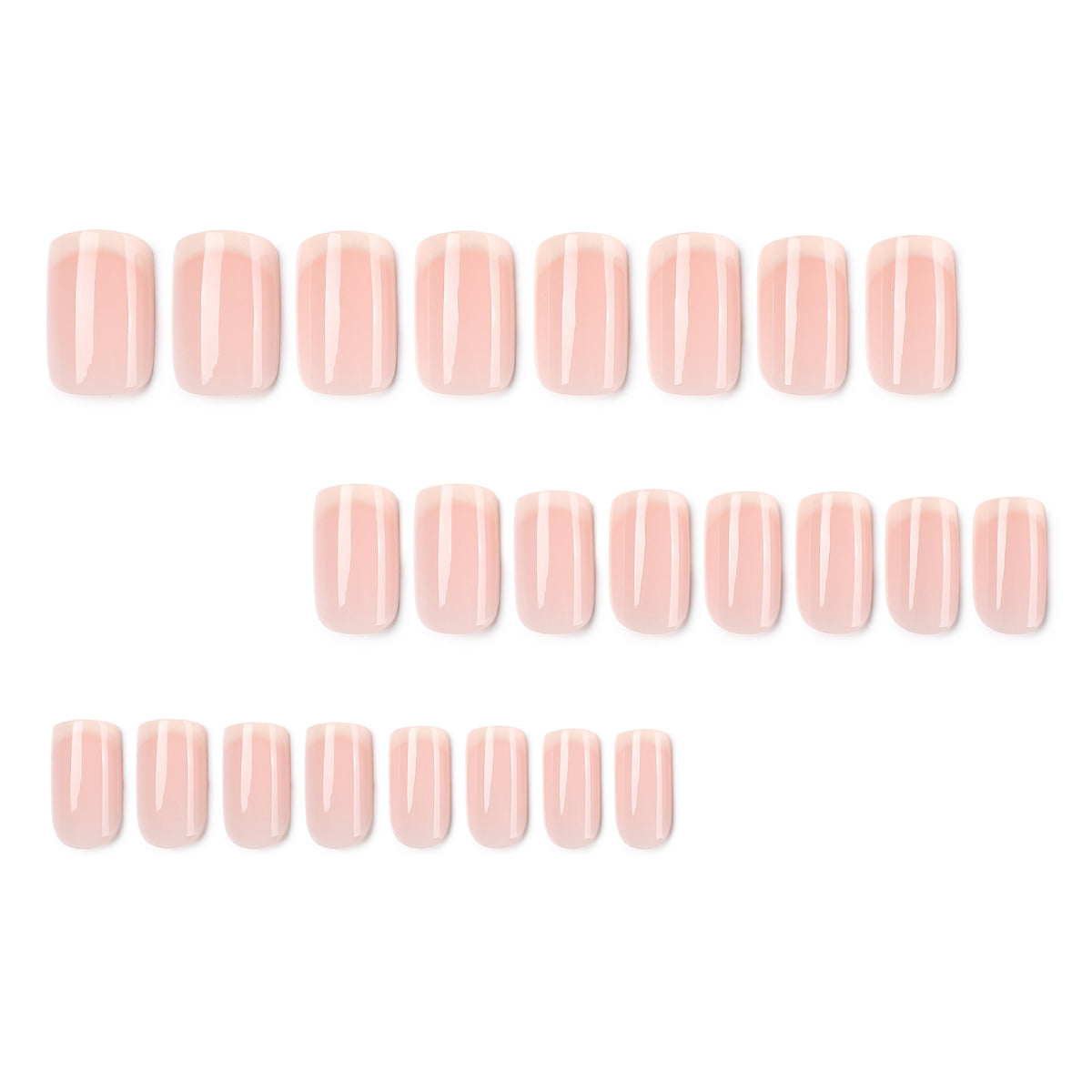 Set of pink nude square press-on nails laid out in three rows