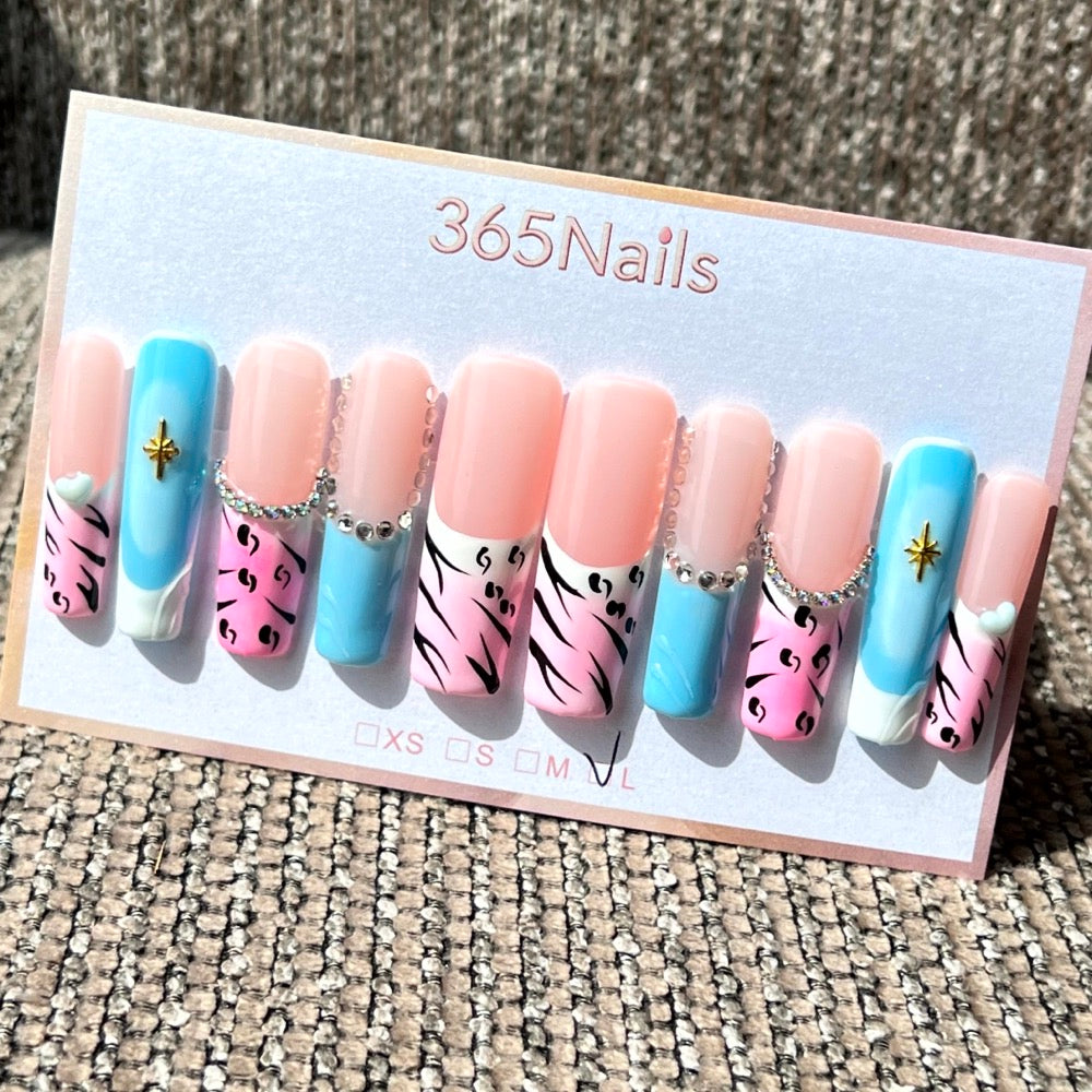 365nails: "Pastel Wild" – 3D Rhinestone & Animal Print Handmade Medium Almond Nails