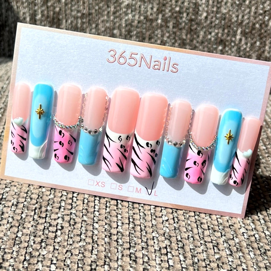 365nails: "Pastel Wild" – 3D Rhinestone & Animal Print Handmade Medium Almond Nails