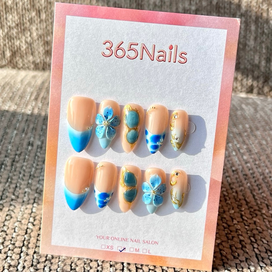 365nails: "Blue Floral & Gold French" – Handmade Short Almond Press-On Nails