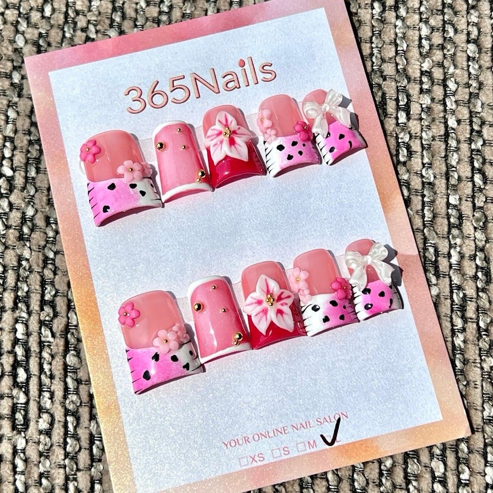 365nails: "Pink Flower Bow Short" – Handmade Short Trapezoid Press-On Nails