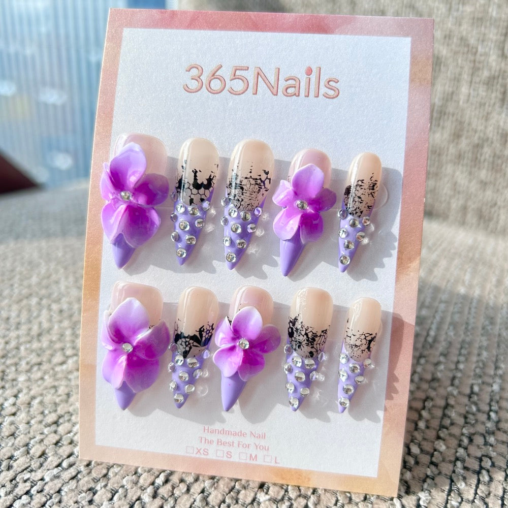 Sculpted Flora: "Purple Lace Elegance" – 3D Purple Floral & Black Lace French Rhinestone Long Stiletto Nails