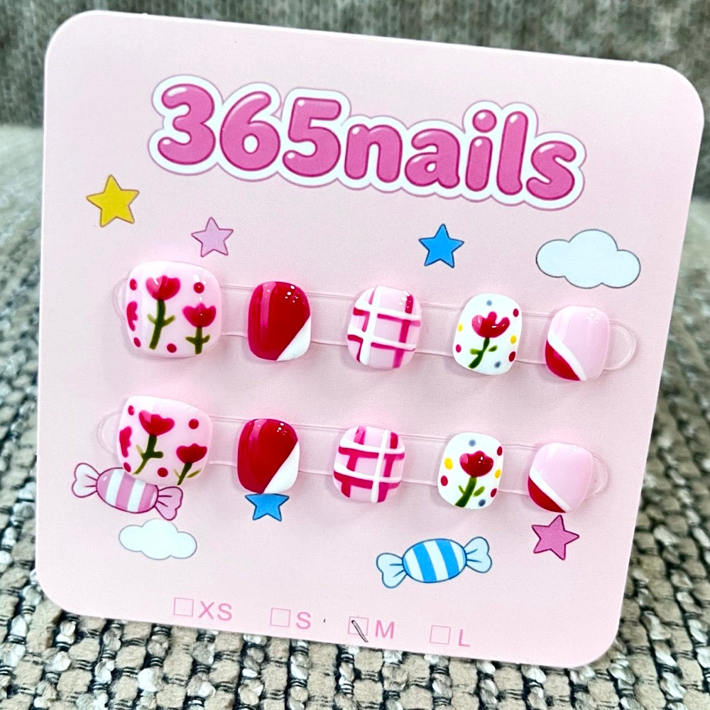 365nails: "Tulip Garden" – 3D Floral & Plaid Handmade Short Square Nails
