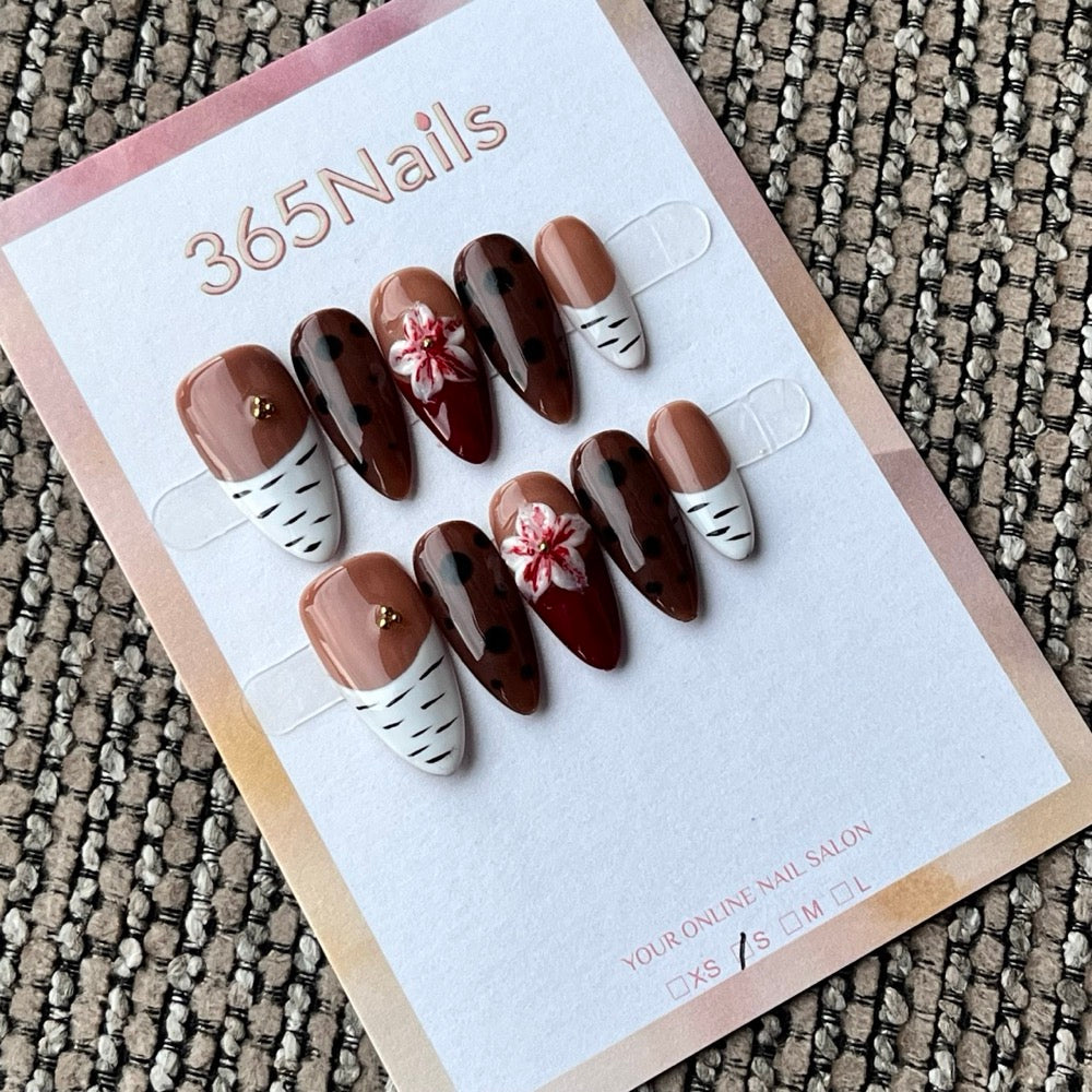 Brown Floral Graphic Squoval Press-On Nails