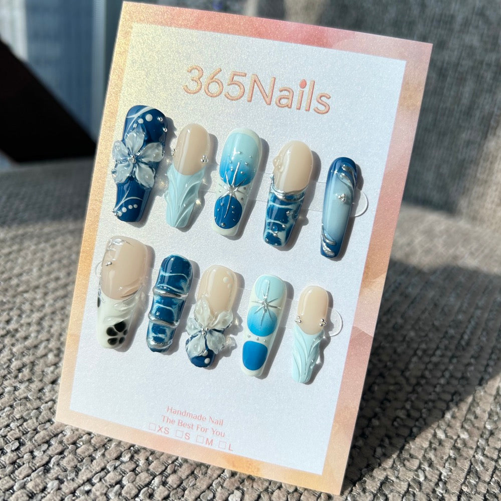 Handmade "Ocean Breeze" Blue & White 3D Floral Press-on Nails | Airbrush Gradient & Textured French | Long Coffin