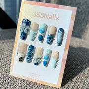 Handmade "Ocean Breeze" Blue & White 3D Floral Press-on Nails | Airbrush Gradient & Textured French | Long Coffin