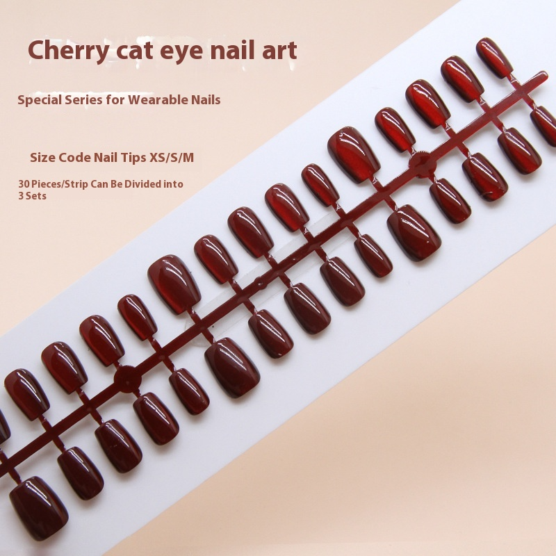 Nail Tips  prefabricated nail press on nails Removable cat eye cherries red white nail pieces Short T manicure patch ｜365nails