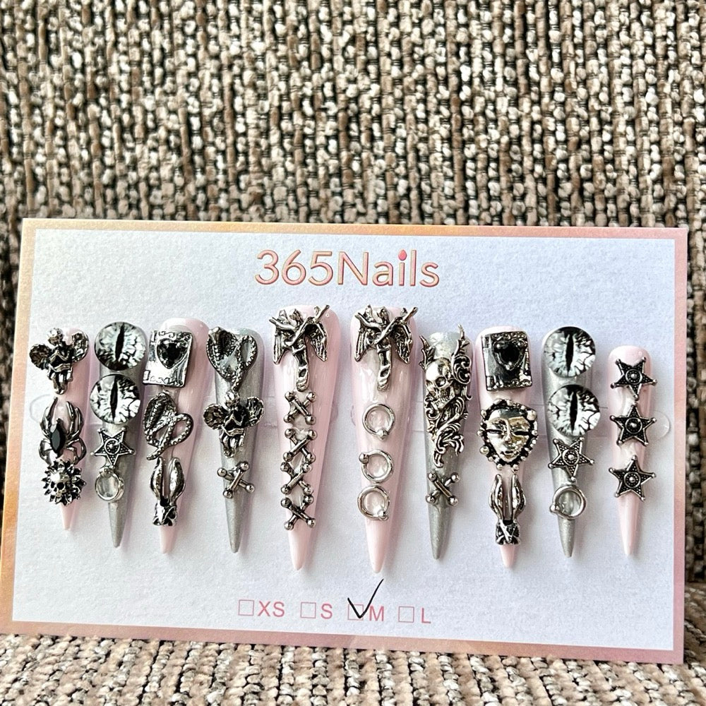 365nails: "Gothic Pink Silver Evil Eye Skull" – handmade press-on nails