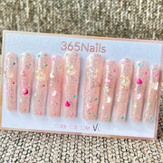 365nails: "Pink Glitter Bear Heart Butterfly Long" – Handmade Long Trapezoid Press-On Nails