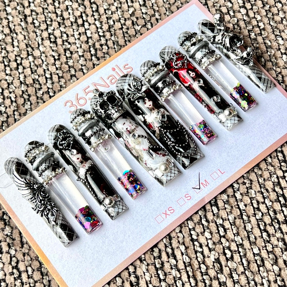 365nails: "Gothic Vampire Maiden" – Handmade Liquid Motion Press-On Long Pipe Nails-5.5cm