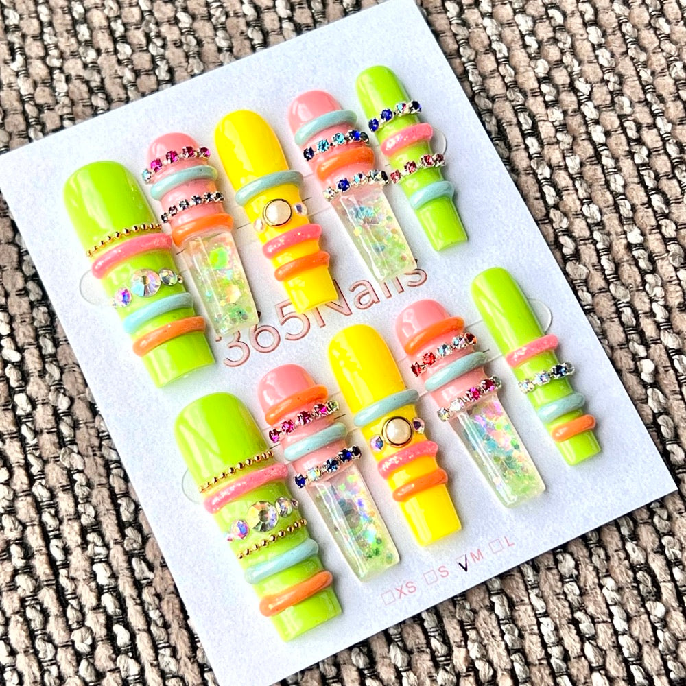 365nails: "Neon Pop Rainbow" – Handmade Liquid Motion Press-On Medium Square Nails-4cm