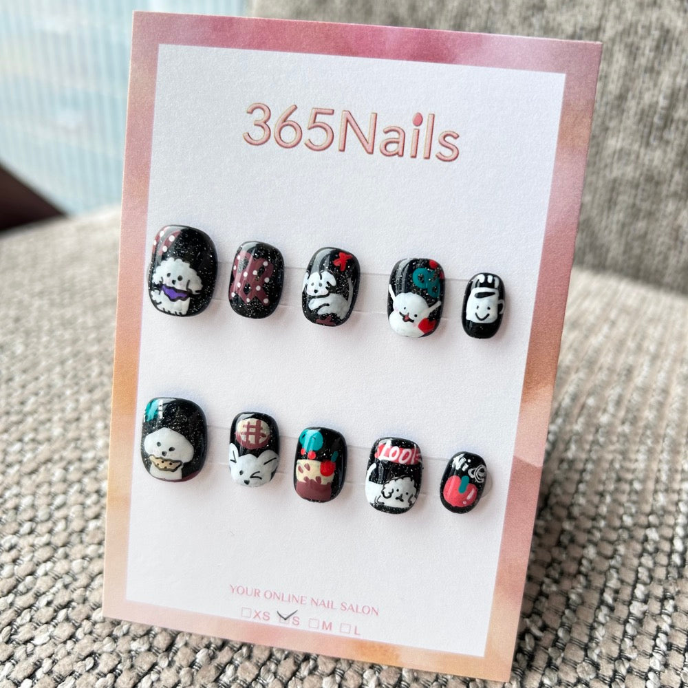 Cartoon & Dopamine: "Galaxy Bichon Party" – Hand-Painted White Fluffy Dog, Pudding, Graffiti & Black Glitter Short Nails