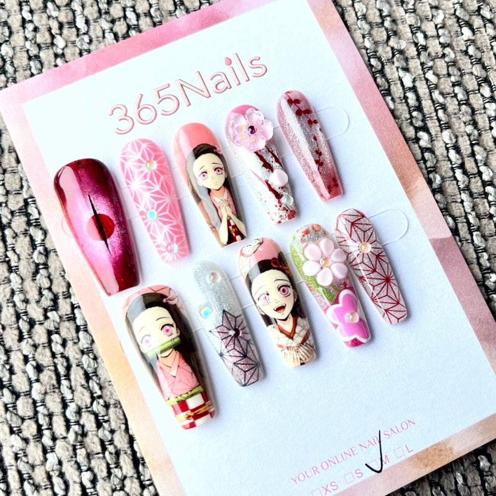 365nails: "Demon Slayer Nezuko" – Handmade Medium Trapezoid Press-On Nails
