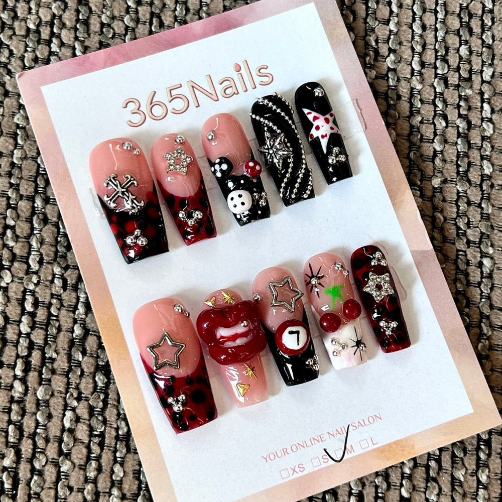 Crimson Kiss - Red Black Charm Press-On Nails