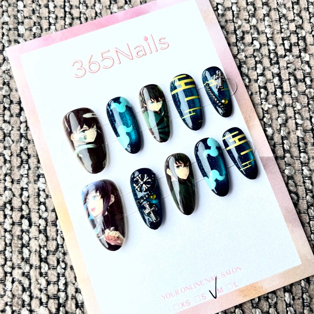 365nails: "Demon Slayer Muichiro Tokito" – Handmade Short Almond Press-On Nails