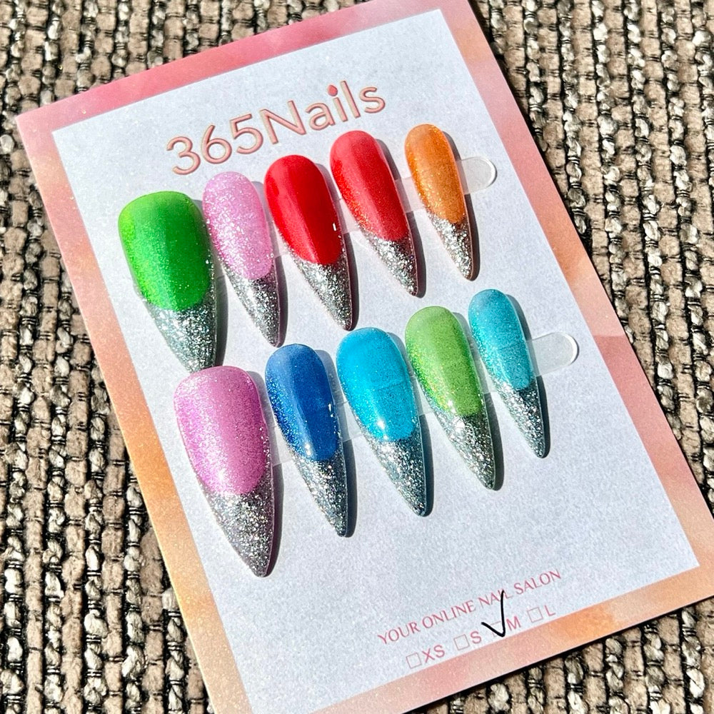 365nails: "Rainbow Glitter Vibe" – Multicolor Glitter Tip Handmade Stiletto Nails