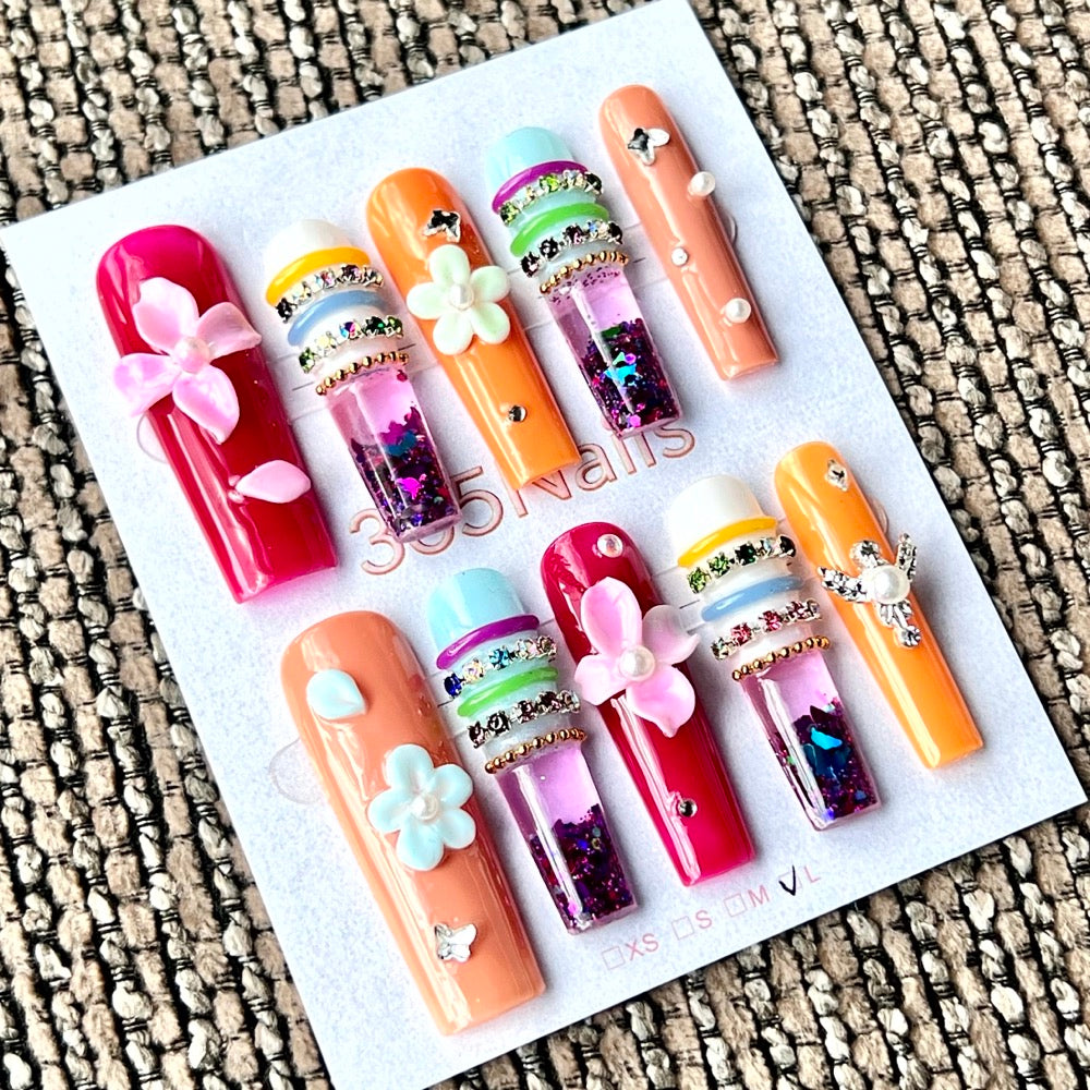 365nails: "Tropical Candy Bloom" – Handmade Liquid Motion Press-On Medium Square Nails-4cm