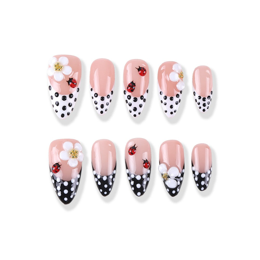 Nude pink polka dot French style × daisy ladybug press on nail