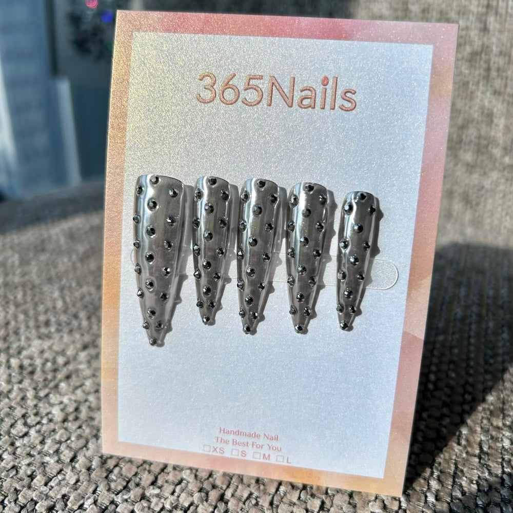 Chrome Studded Press On Nails｜Metallic Silver Stiletto | Crystal Armor Series