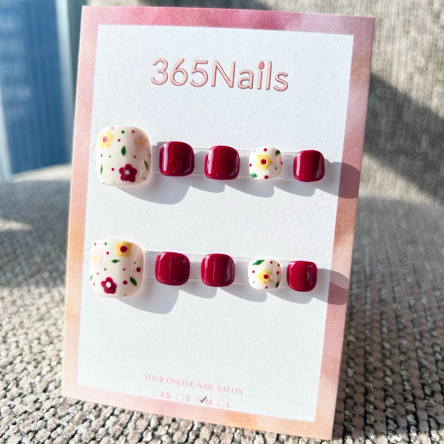 365nails: "vintage red floral" – handmade press-on pedicure