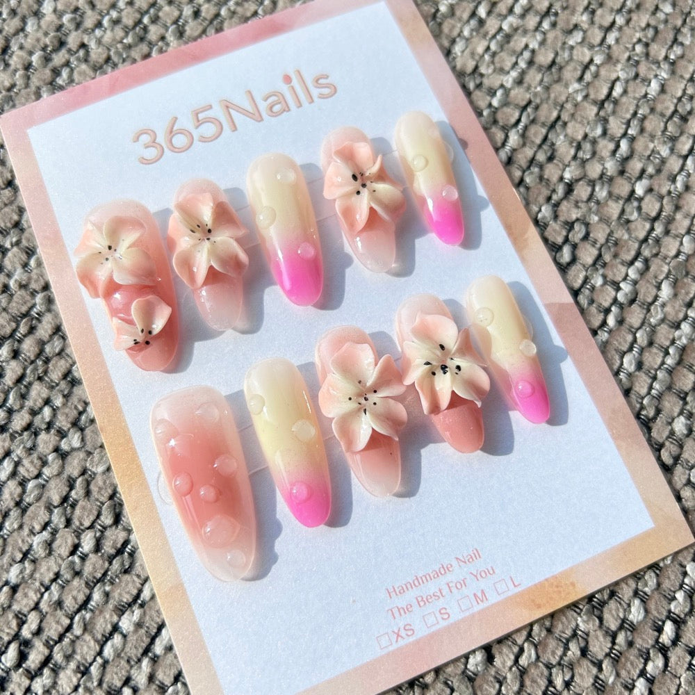 Sculpted Flora: "Morning Dew Blossom" – 3D Floral & Water Drop Gradient Long Oval Nails