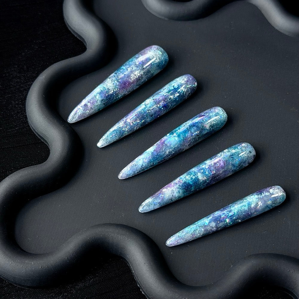 Long Stiletto Galaxy Press-On Nails in Blue Purple