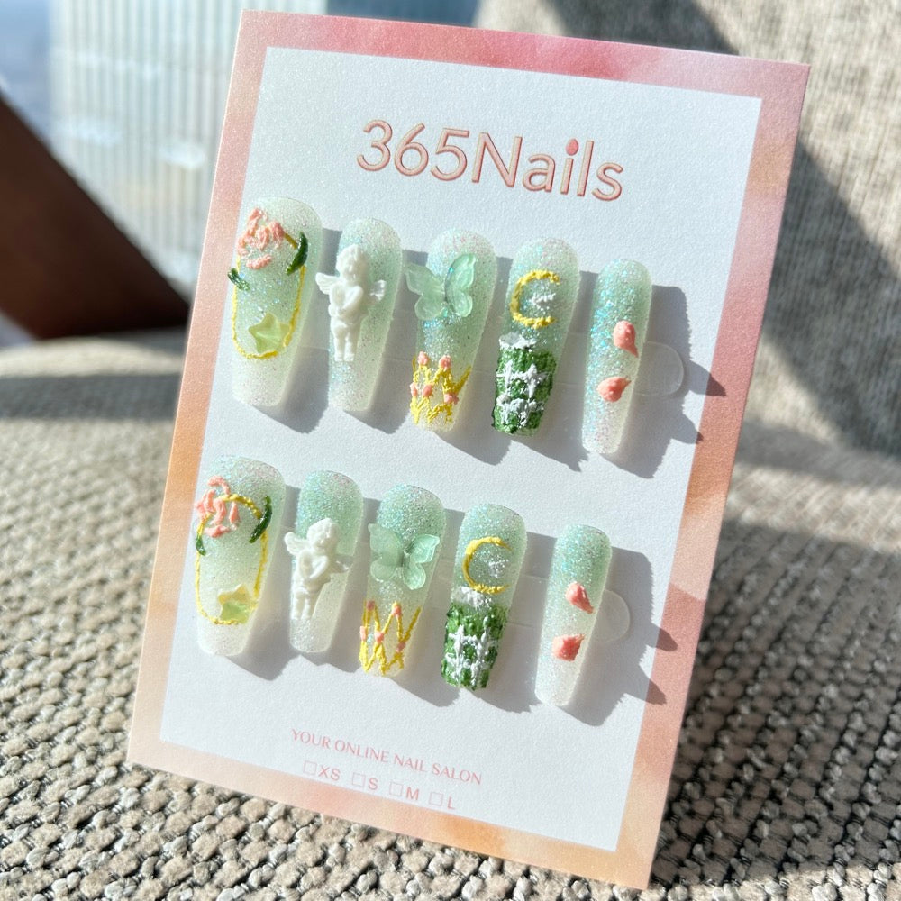 Sweet & Dopamine: "Cloudy Mint Garden" – Pink & Mint Sugar Gradient, 3D Clouds, Tulip & Aurora Moon Press-on Nails