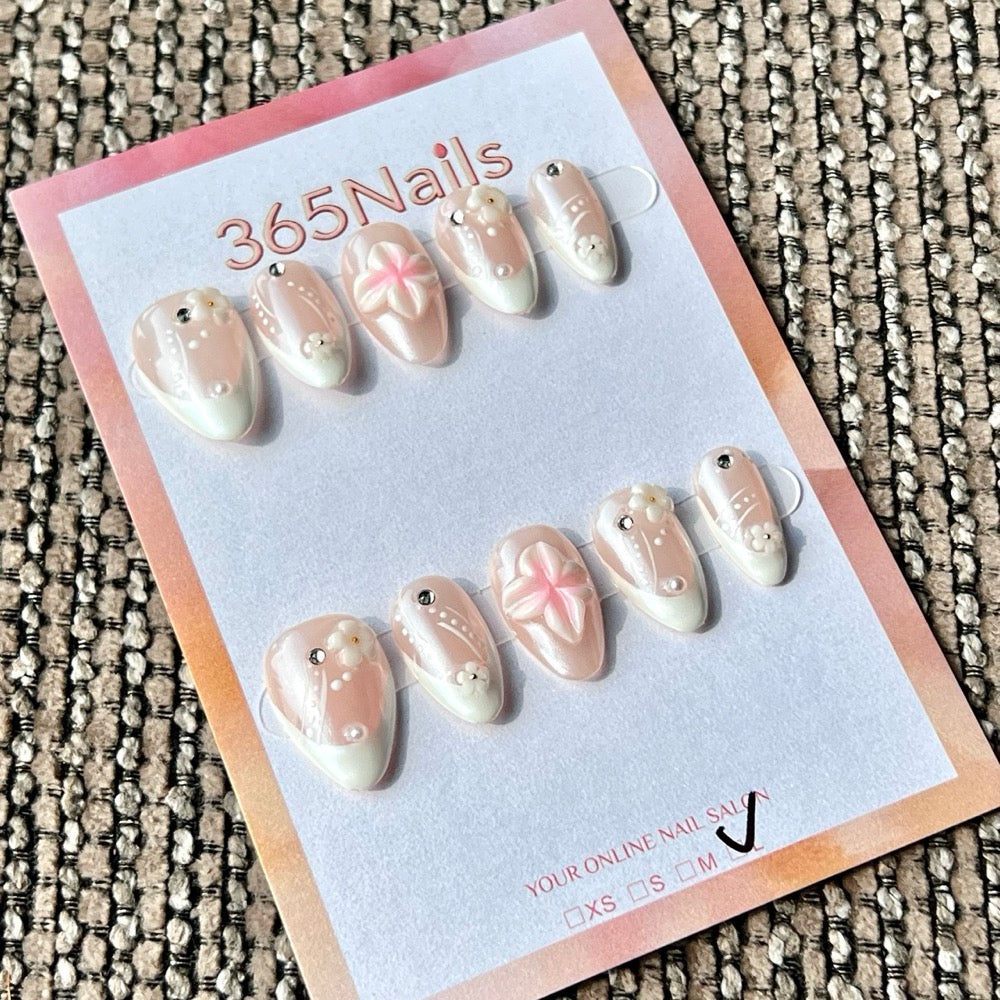 365nails: "Nude Pink Flower Pearl 3D" – Handmade Medium Stiletto Press-On Nails