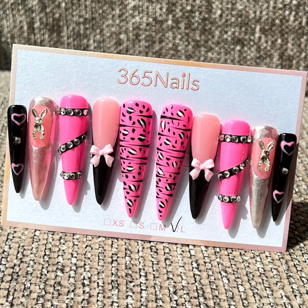 365nails: "Pink Punk" – 3D Bow & Rhinestone Handmade Long Stiletto Nails