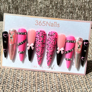 365nails: "Pink Punk" – 3D Bow & Rhinestone Handmade Long Stiletto Nails