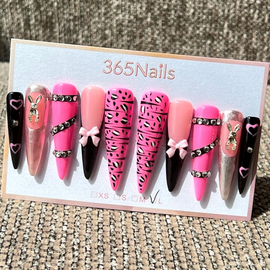 365nails: "Pink Punk" – 3D Bow & Rhinestone Handmade Long Stiletto Nails