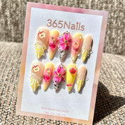 365nails: "Citrus Splash" – 3D Sculpted Handmade Medium Almond Press On Nails
