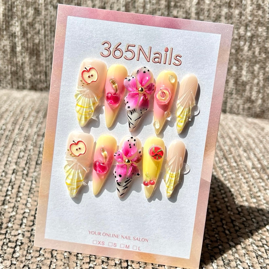 365nails: "Citrus Splash" – 3D Sculpted Handmade Medium Almond Press On Nails